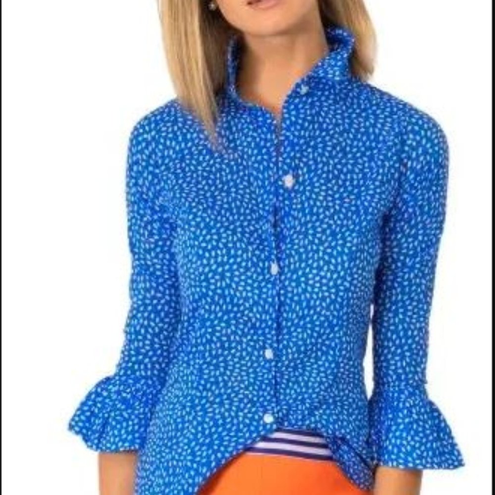 GRETCHEN SCOTT Women's PRISS SEED Button Down Ruffle Sleeve BLOUSE BLUES Sz XL